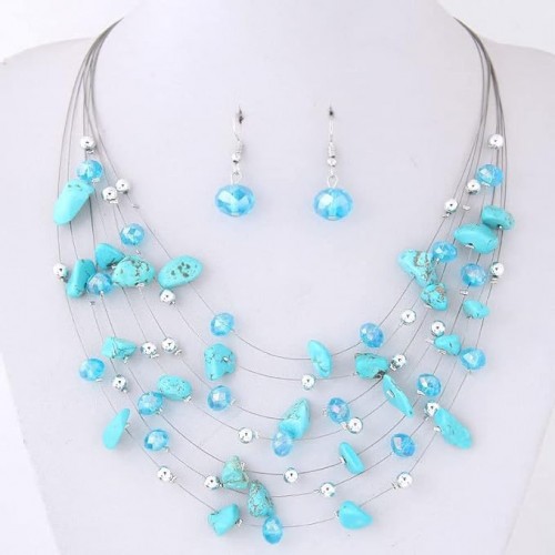 Bohemian Multi Layer Necklace Set With Crystals-Light Blue image