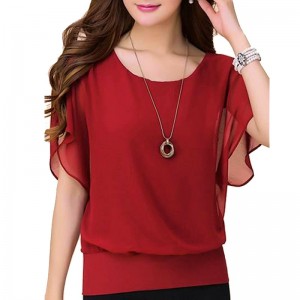 Summer Short Sleeve Round-Neck Chiffon Shirt for Women - Red