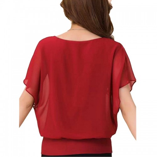 Summer Short Sleeve Round-Neck Chiffon Shirt for Women - Red image