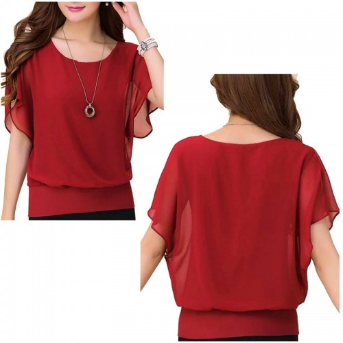 Summer Short Sleeve Round-Neck Chiffon Shirt for Women - Red image