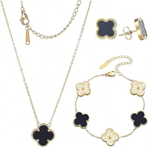 Black and Gold Clover Necklace, Bracelet, and Earrings Set image