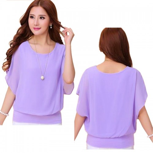 Summer Short Sleeve Round-Neck Chiffon Shirt for Women - Purple image