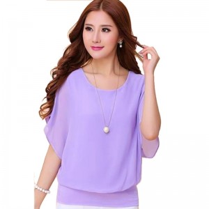Summer Short Sleeve Round-Neck Chiffon Shirt for Women - Purple