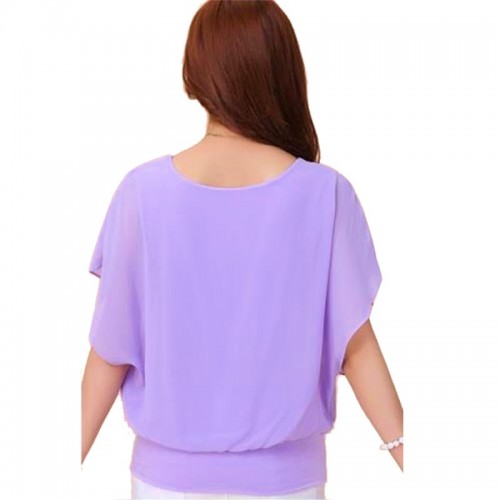 Summer Short Sleeve Round-Neck Chiffon Shirt for Women - Purple image