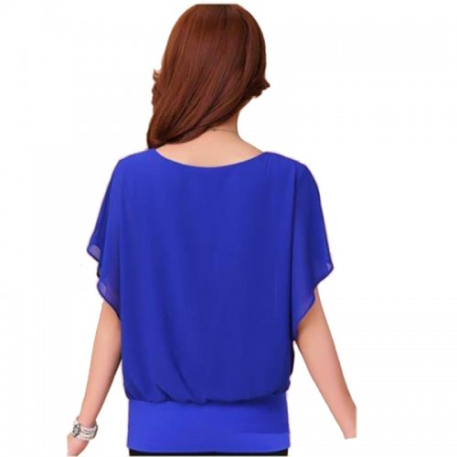 Summer Short Sleeve Round-Neck Chiffon Shirt for Women - Blue image