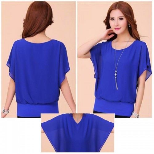 Summer Short Sleeve Round-Neck Chiffon Shirt for Women - Blue image