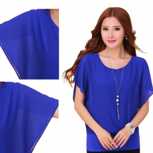 Summer Short Sleeve Round-Neck Chiffon Shirt for Women - Blue image