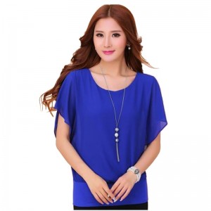 Summer Short Sleeve Round-Neck Chiffon Shirt for Women - Blue