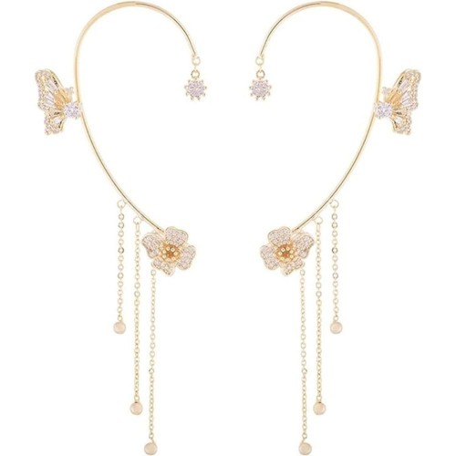 Butterfly Ear Cuff Earrings with Rhinestones & Chains-Gold image