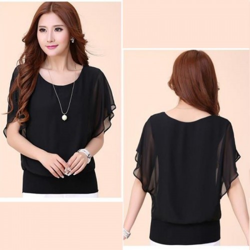 Summer Short Sleeve Round-Neck Chiffon Shirt for Women - Black image