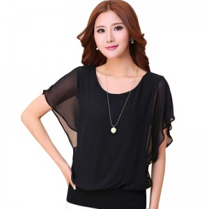 Summer Short Sleeve Round-Neck Chiffon Shirt for Women - Black