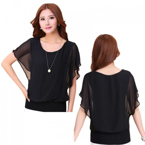 Summer Short Sleeve Round-Neck Chiffon Shirt for Women - Black image