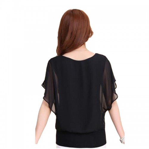 Summer Short Sleeve Round-Neck Chiffon Shirt for Women - Black image