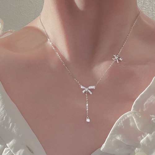 Silver Color Zircon Bow Pendant Necklace For Women image