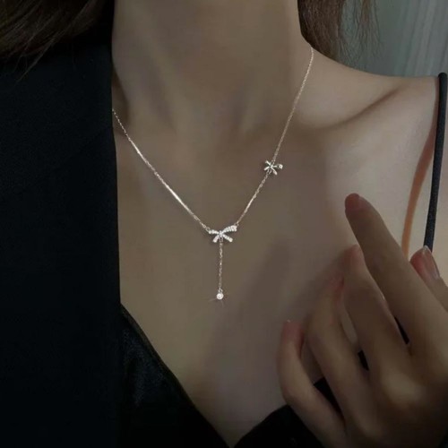 Silver Color Zircon Bow Pendant Necklace For Women image