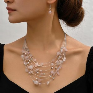 Bohemian Multi Layer Necklace Set With Crystals-Pink