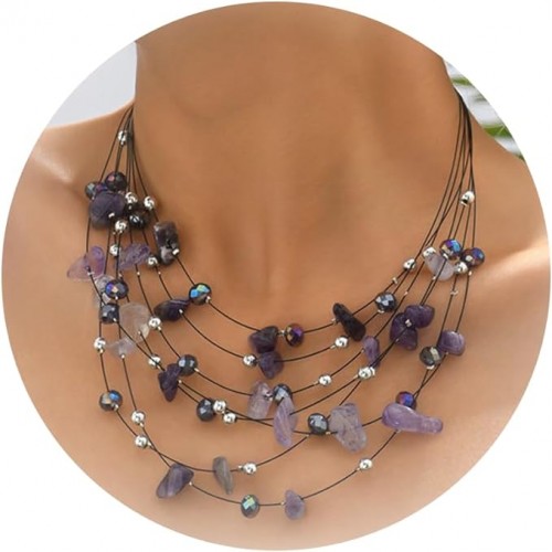 Bohemian Multi Layer Necklace Set With Crystals-Purple image