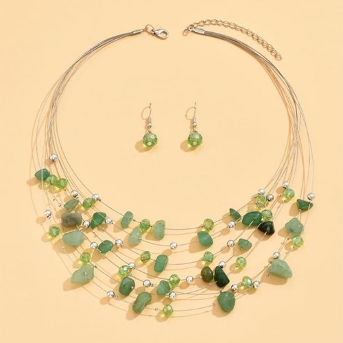 Bohemian Multi Layer Necklace Set With Crystals-Green image