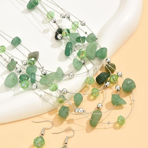 Bohemian Multi Layer Necklace Set With Crystals-Green image