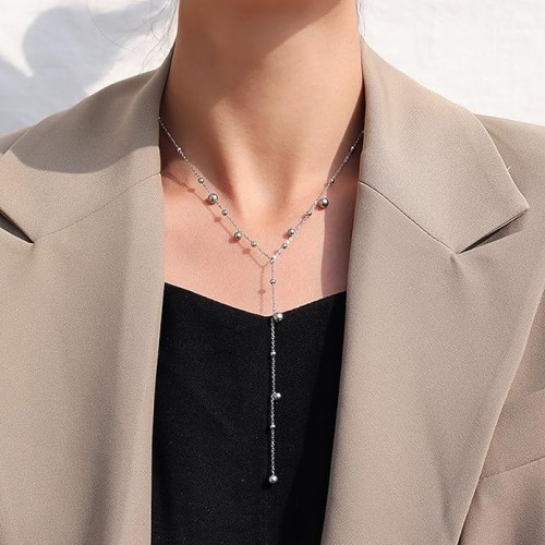 Silver Plated Y Shaped Bead Chain Necklace image