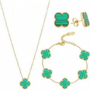 Green and Gold Clover Necklace, Bracelet, and Earrings Set