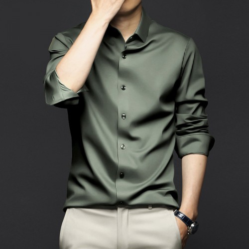 Men's Long-Sleeve Ice Silk Business Shirt - Green image