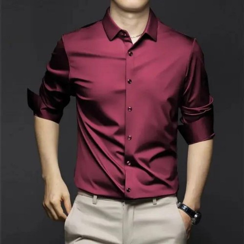Men's Long-Sleeve Ice Silk Business Shirt - Red image