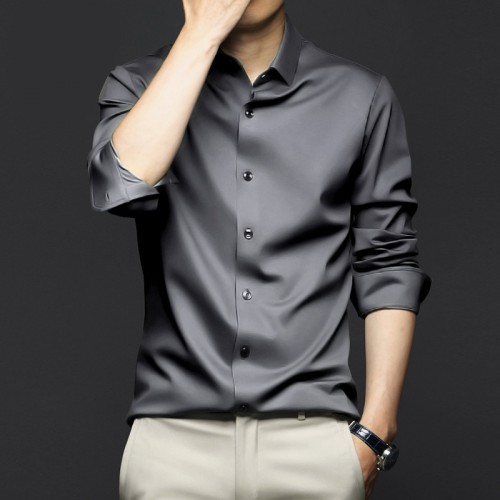 Men's Long-Sleeve Ice Silk Business Shirt - Dark Grey image
