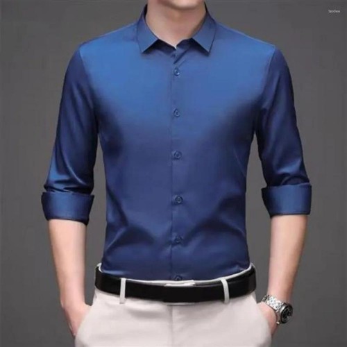 Men's Long-Sleeve Ice Silk Business Shirt - Navy Blue image