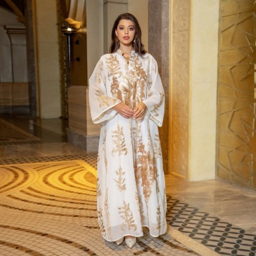 Casual V-neck Color contrast Embroidery Regular sleeve Maxi Dress - White image