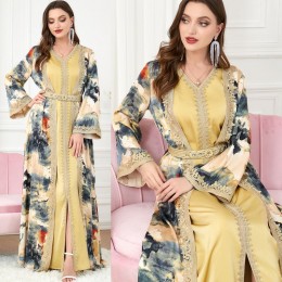 Sweet V-neck Color contrast Printing Buttons Belt Regular sleeve Maxi Dress - Yellow