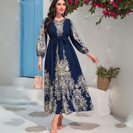 Cross Border Fashion Digital Printing Long Sleeve Middle East Dress - Navy Blue 