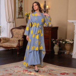 Cute V-neck Tie Contrast Color Print Embroidery Belt Flare Sleeve Kaftan - Blue