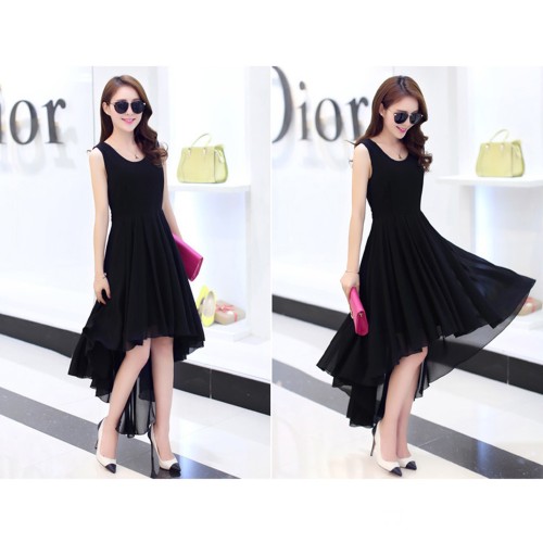 women's irregular beach Long Bohemian Chiffon Dress-Black image