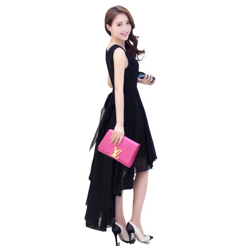 women's irregular beach Long Bohemian Chiffon Dress-Black image