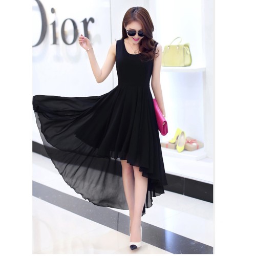women's irregular beach Long Bohemian Chiffon Dress-Black image
