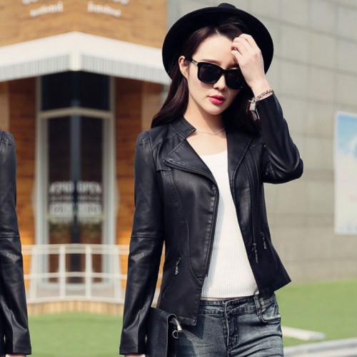 Slim Body Fit Women Paragraph Casual Leather Jacket-Black image