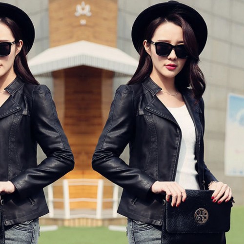 Slim Body Fit Women Paragraph Casual Leather Jacket-Black image