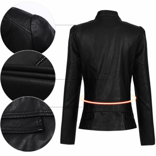 Slim Body Fit Women Paragraph Casual Leather Jacket-Black image