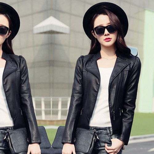 Slim Body Fit Women Paragraph Casual Leather Jacket-Black image