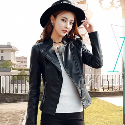 Slim Body Fit Women Paragraph Casual Leather Jacket-Black image