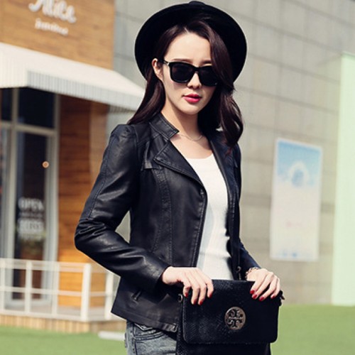 Slim Body Fit Women Paragraph Casual Leather Jacket-Black image