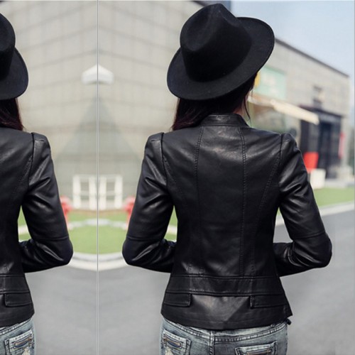 Slim Body Fit Women Paragraph Casual Leather Jacket-Black image