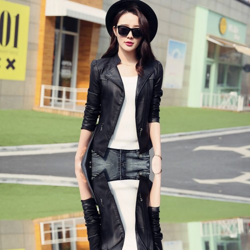 Slim Body Fit Women Paragraph Casual Leather Jacket-Black image