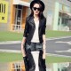 Slim Body Fit Women Paragraph Casual Leather Jacket-Black image