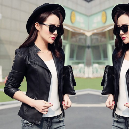 Slim Body Fit Women Paragraph Casual Leather Jacket-Black image