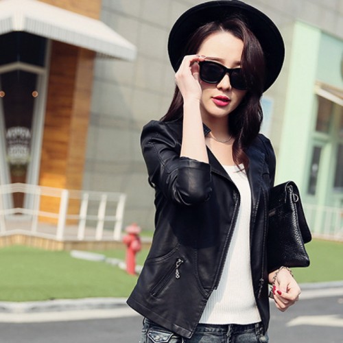 Slim Body Fit Women Paragraph Casual Leather Jacket-Black image